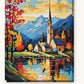 Lakeside Church in Autumn paint by numbers kit on stretched canvas