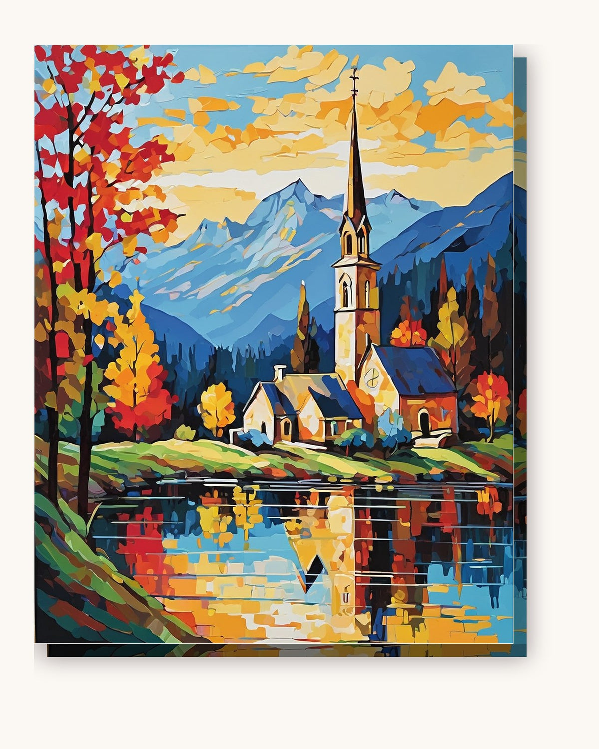 Lakeside Church in Autumn paint by numbers kit on stretched canvas