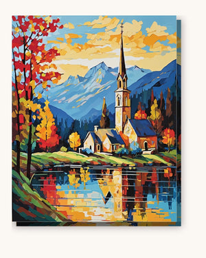Lakeside Church in Autumn paint by numbers kit on stretched canvas