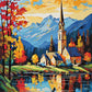 church with a tall spire on a lake shore with autumn trees, blue mountains and reflections, paint by numbers kit
