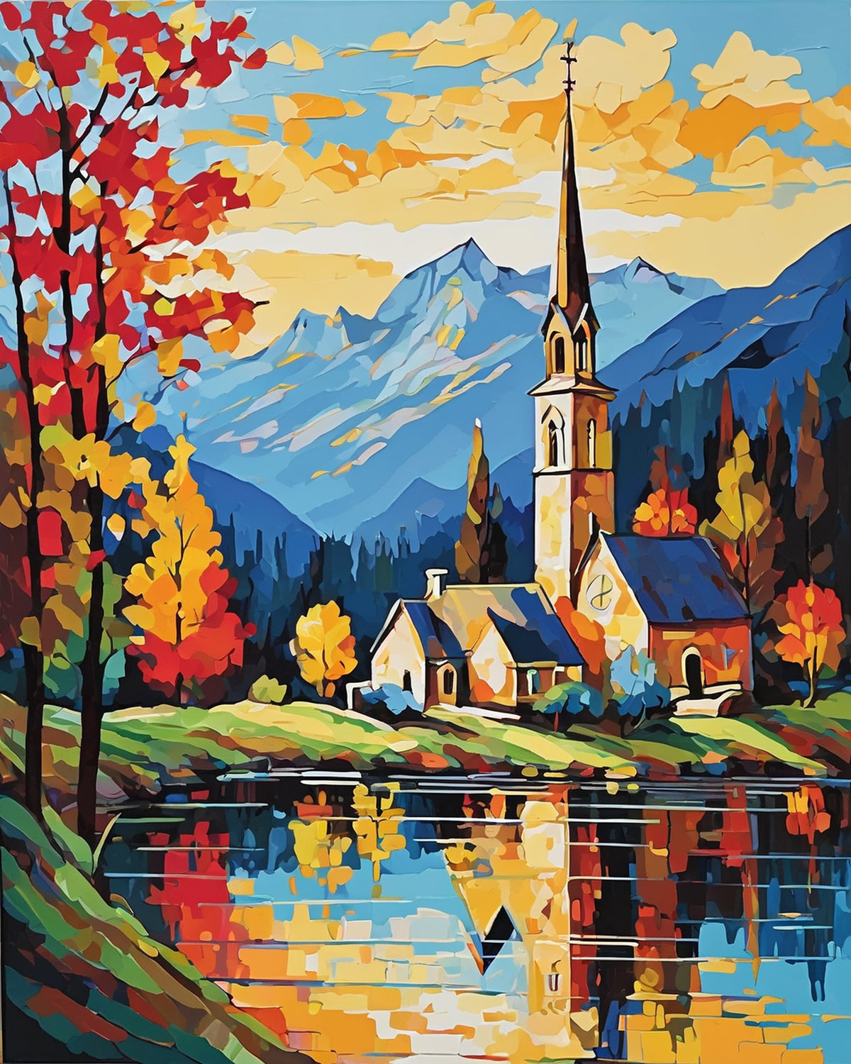 church with a tall spire on a lake shore with autumn trees, blue mountains and reflections, paint by numbers kit