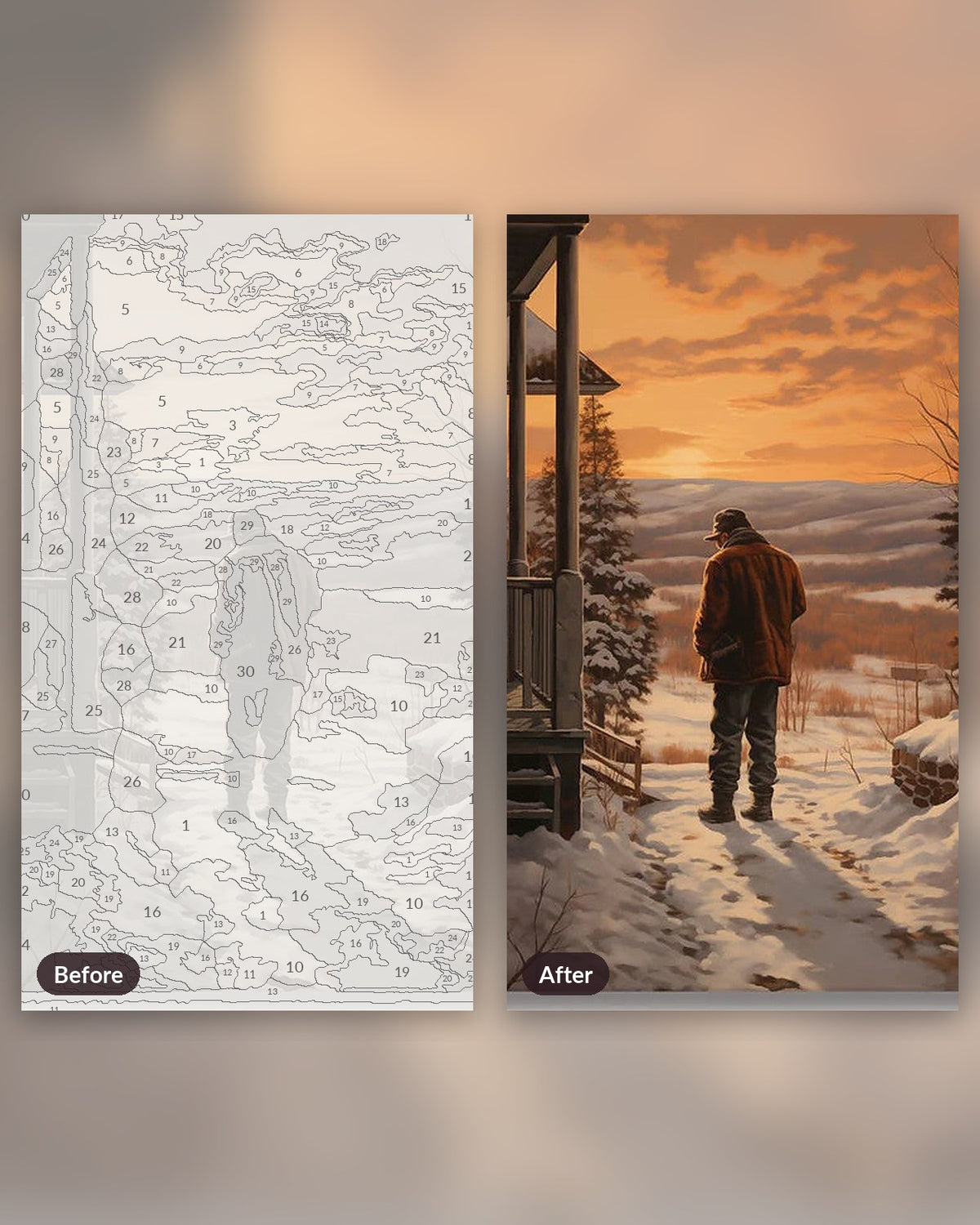 Late Winter paint by numbers kit, before and after