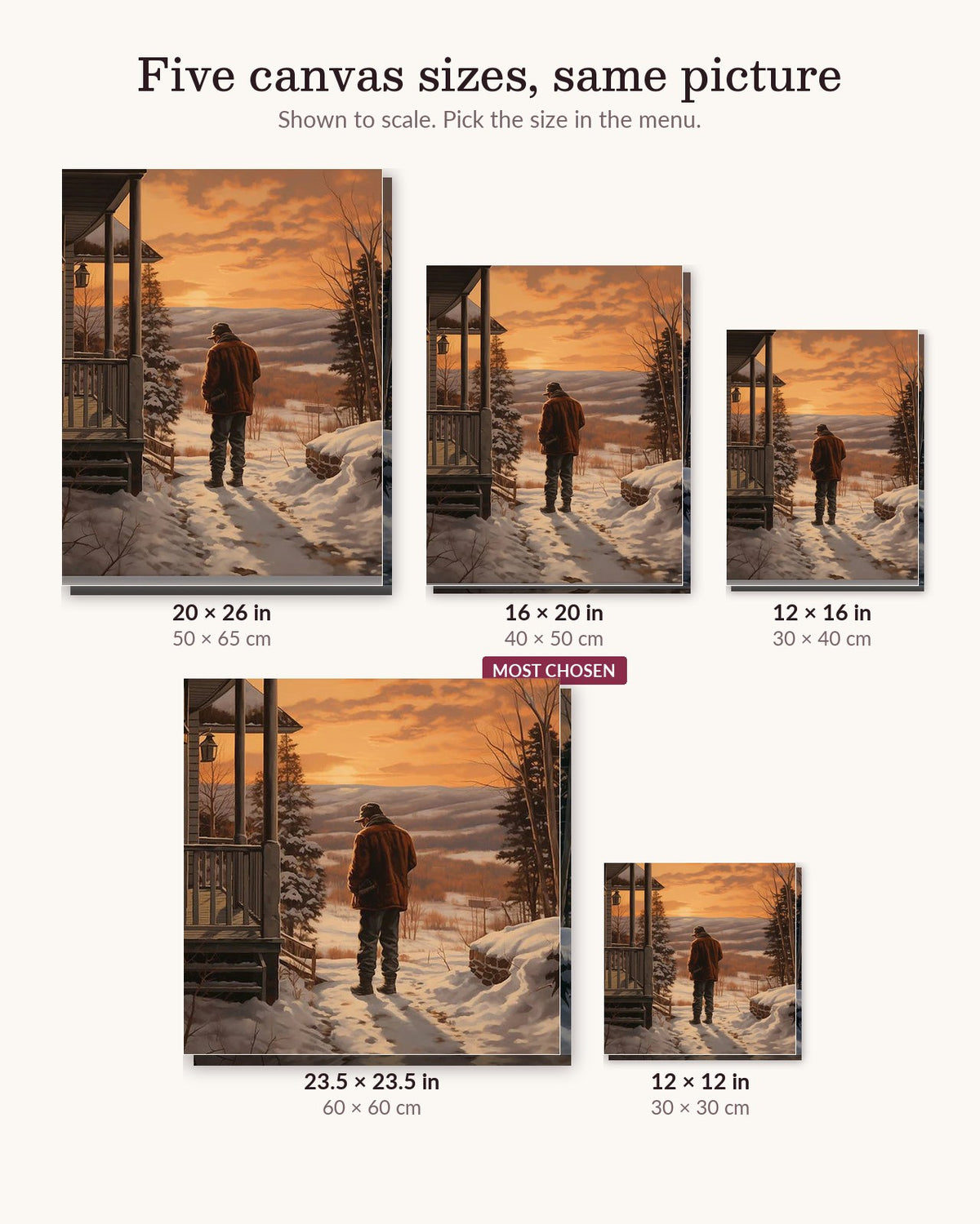 Late Winter canvas sizes from 12 x 12 to 23.5 x 23.5 inches