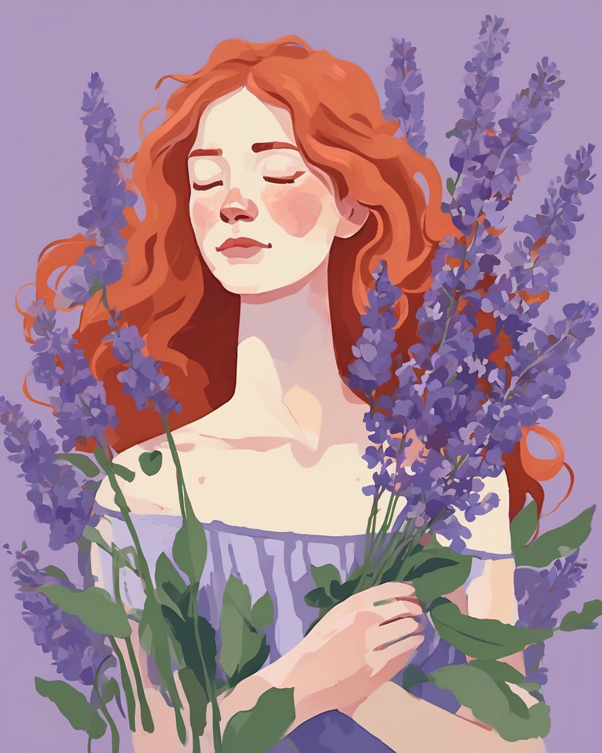 Lavender Dreamer paint by numbers kit, red-haired woman with closed eyes holding lavender on lilac