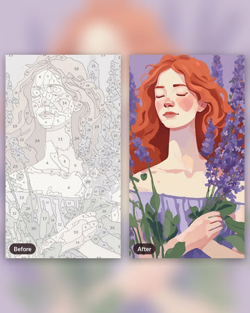 Lavender Dreamer paint by numbers kit, before and after
