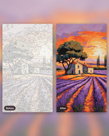 Lavender Fields at Sunset paint by numbers kit, before and after