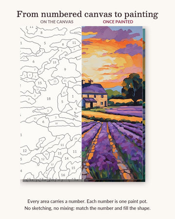 Lavender Rows and Stone Farmhouse numbered canvas next to the finished painting
