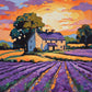 rows of purple lavender leading to a stone farmhouse with a large tree and orange sunset sky, paint by numbers kit