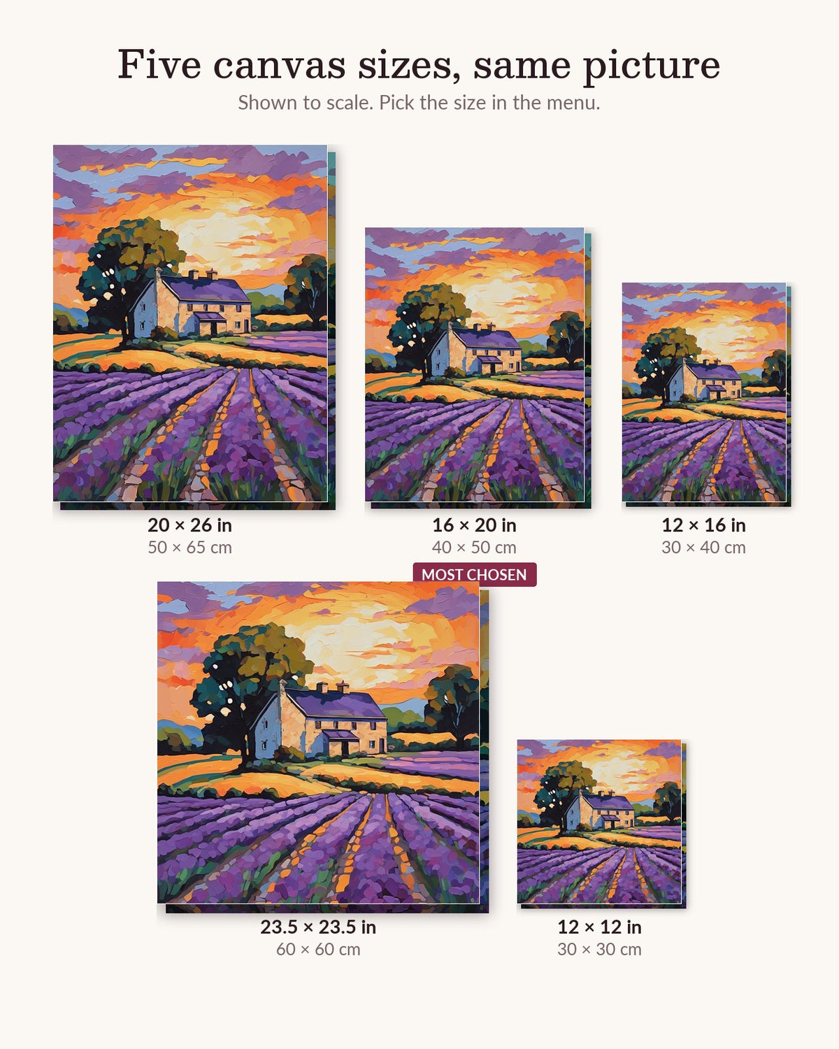 Lavender Rows and Stone Farmhouse canvas sizes from 12 x 12 to 23.5 x 23.5 inches