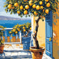 Lemon Tree Terrace paint by numbers kit, lemon tree in a pot on a white terrace with blue shutters
