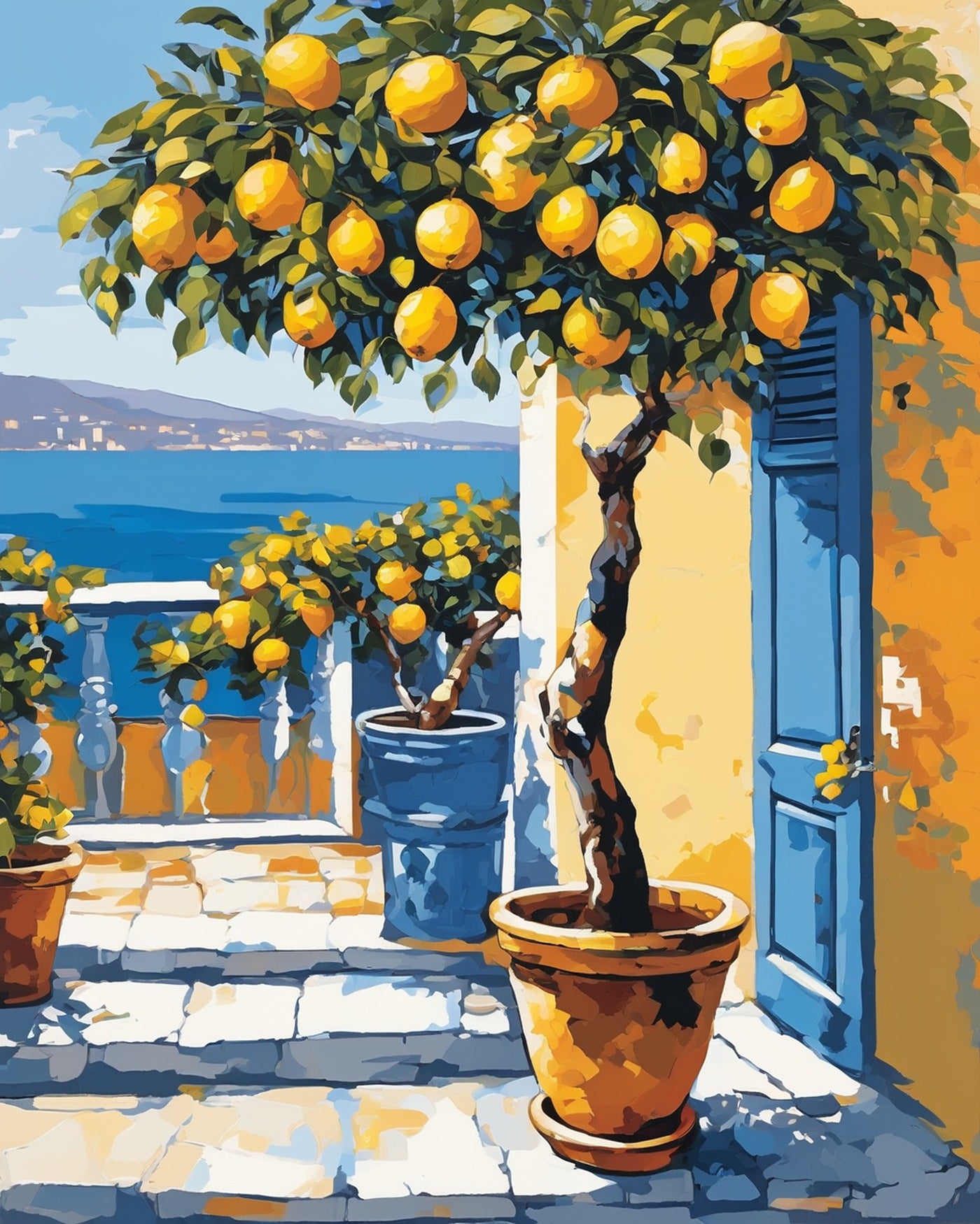 Lemon Tree Terrace paint by numbers kit, lemon tree in a pot on a white terrace with blue shutters