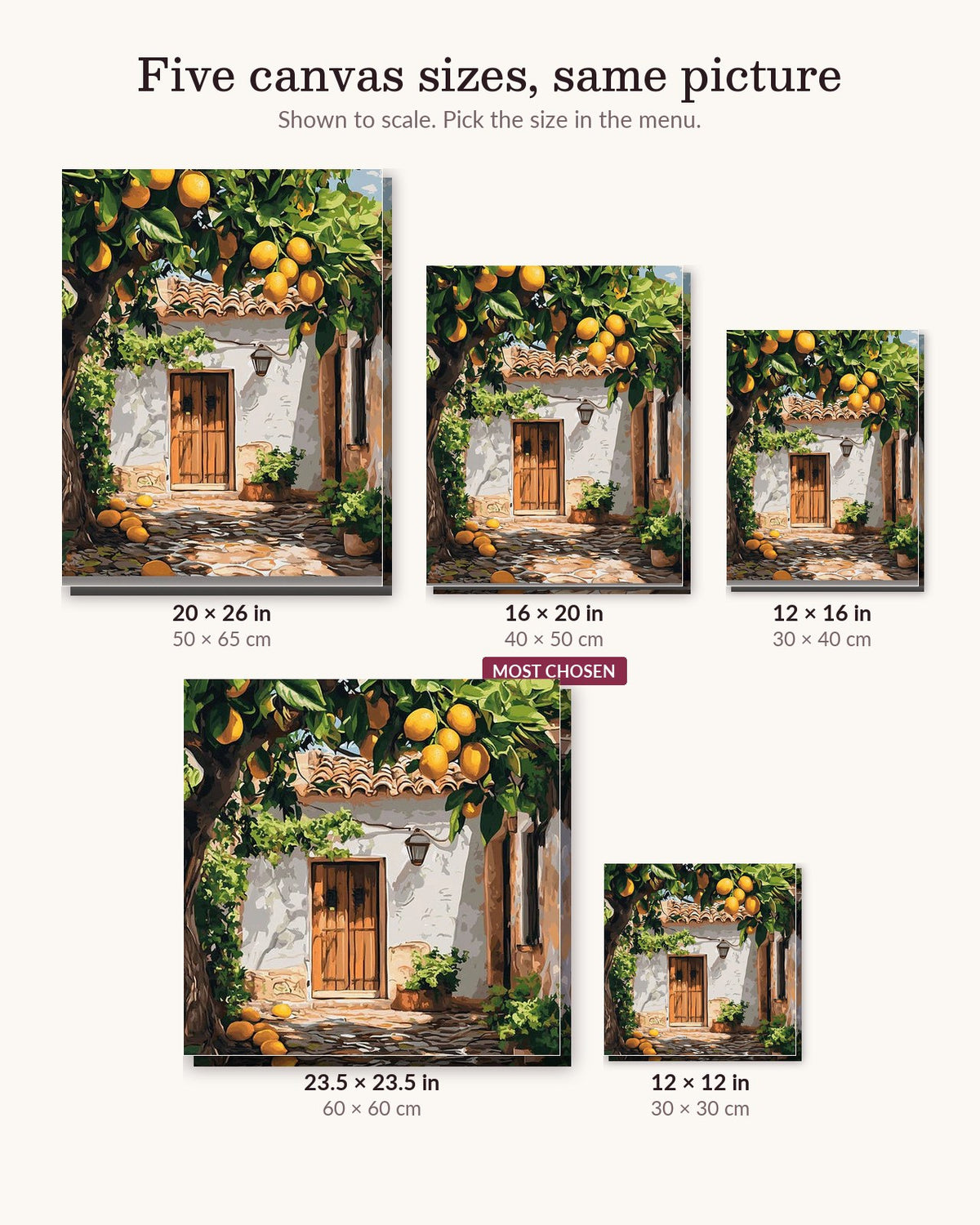 Zesty Yard canvas sizes from 12 x 12 to 23.5 x 23.5 inches