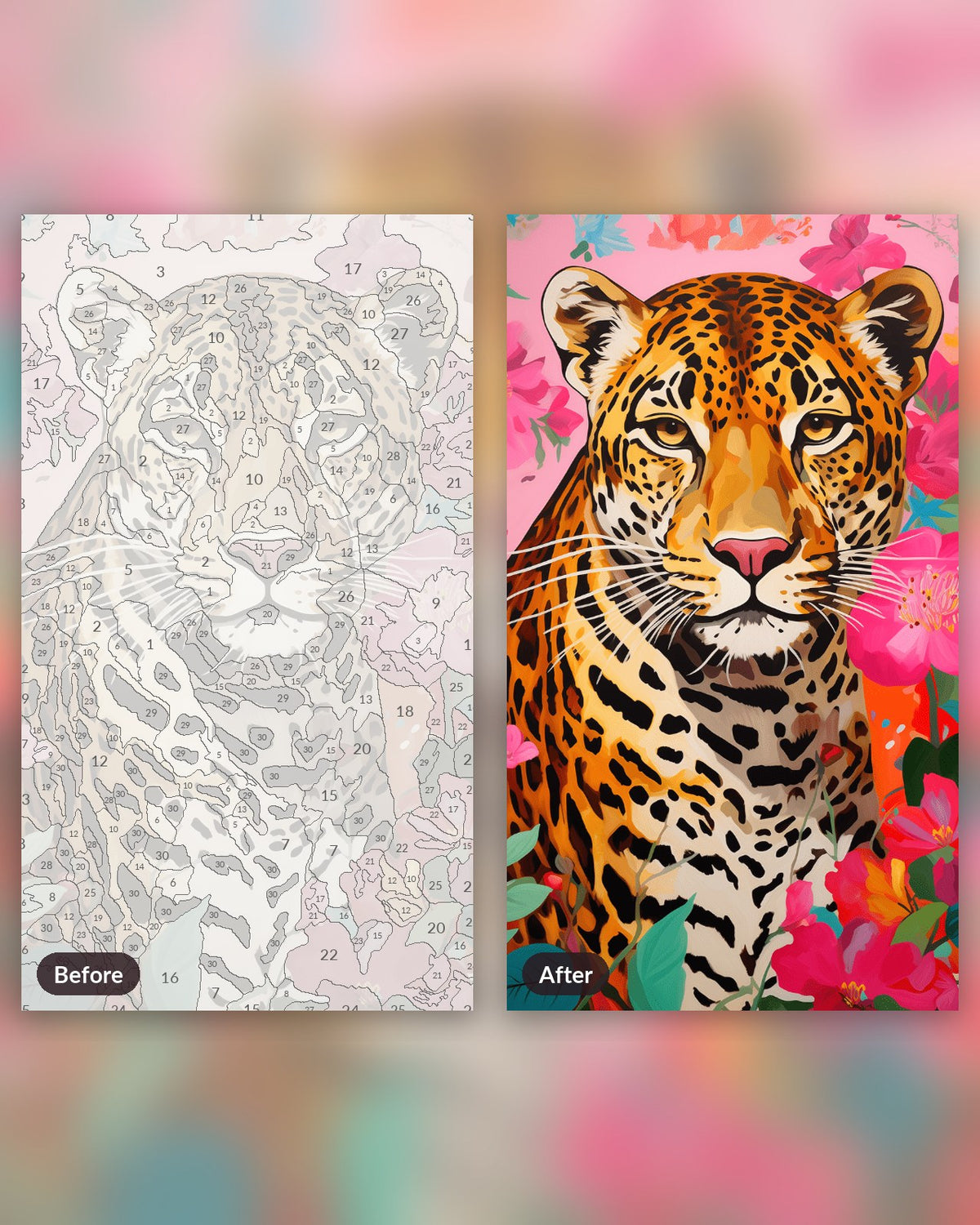 Leopard Among Blossoms paint by numbers kit, before and after