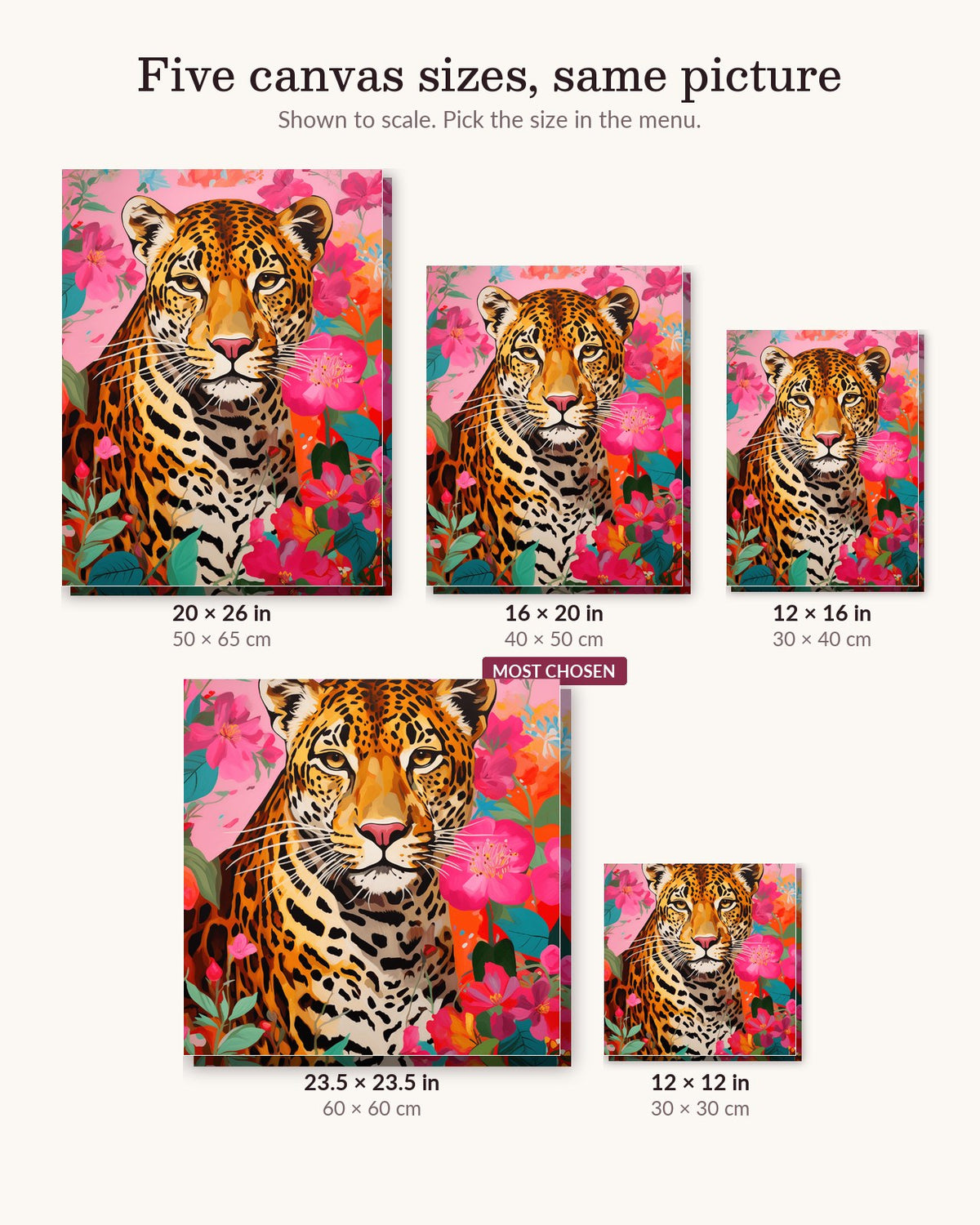 Leopard Among Blossoms canvas sizes from 12 x 12 to 23.5 x 23.5 inches