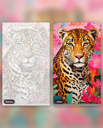The Leopard’s Sanctuary paint by numbers kit, before and after