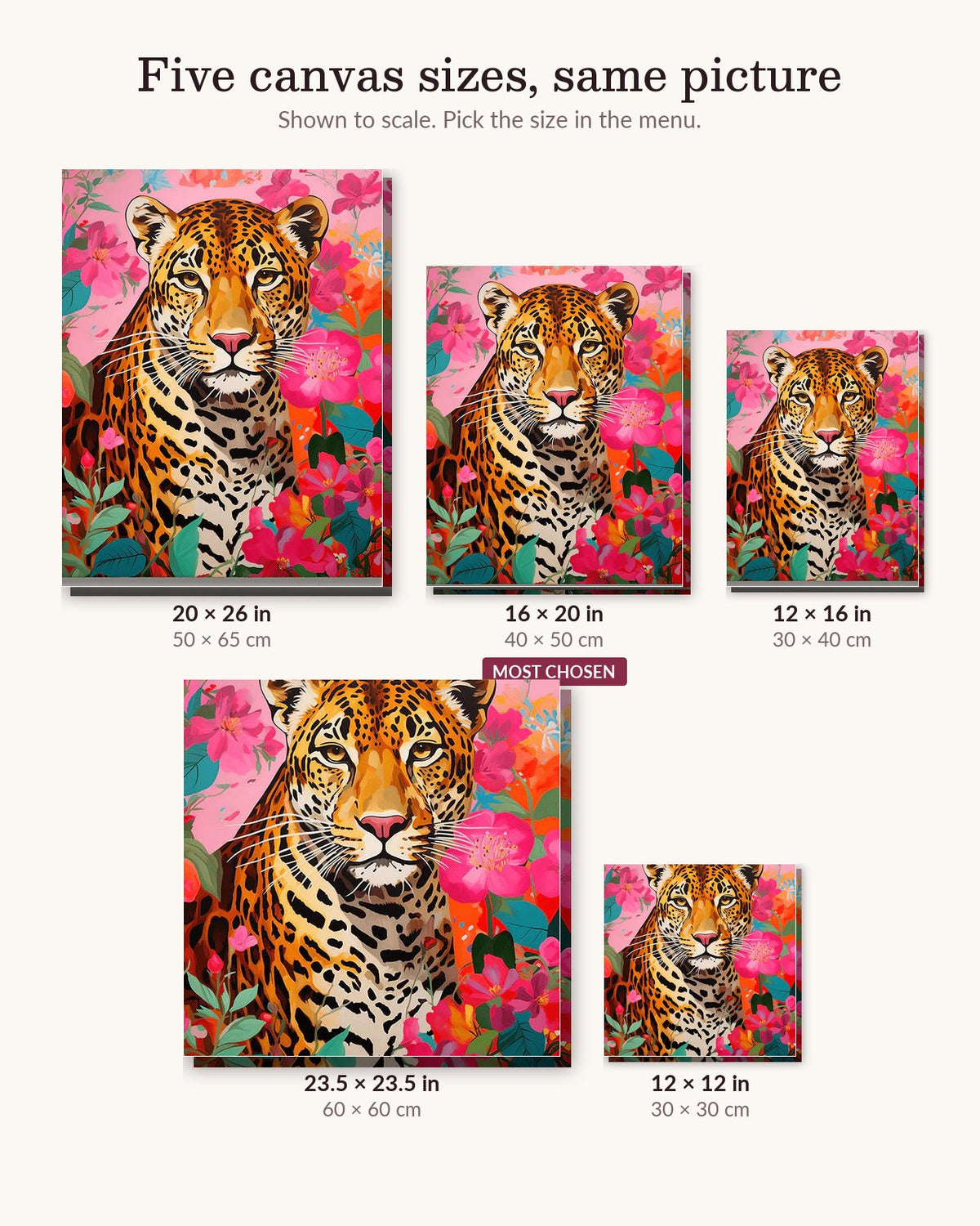 The Leopard’s Sanctuary canvas sizes from 12 x 12 to 23.5 x 23.5 inches