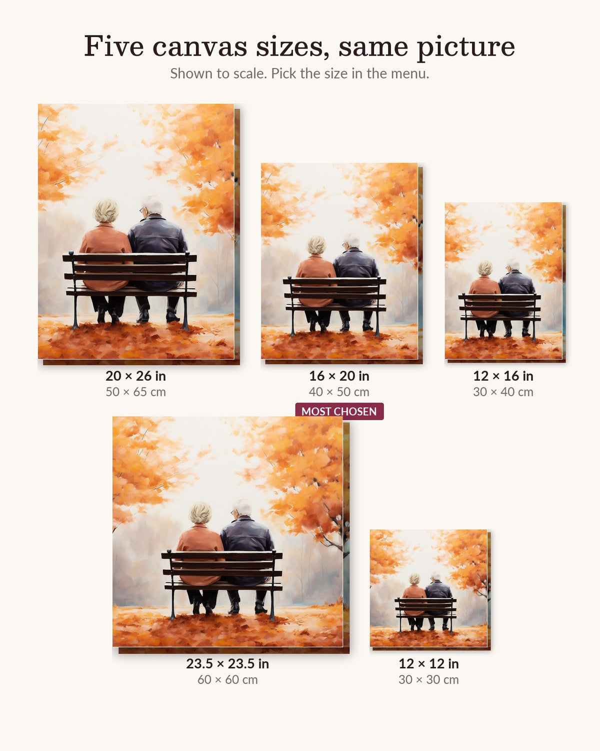 Lifelong Lovers canvas sizes from 12 x 12 to 23.5 x 23.5 inches
