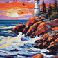Lighthouse at Sundown paint by numbers kit, lighthouse on a rocky cliff at sunset
