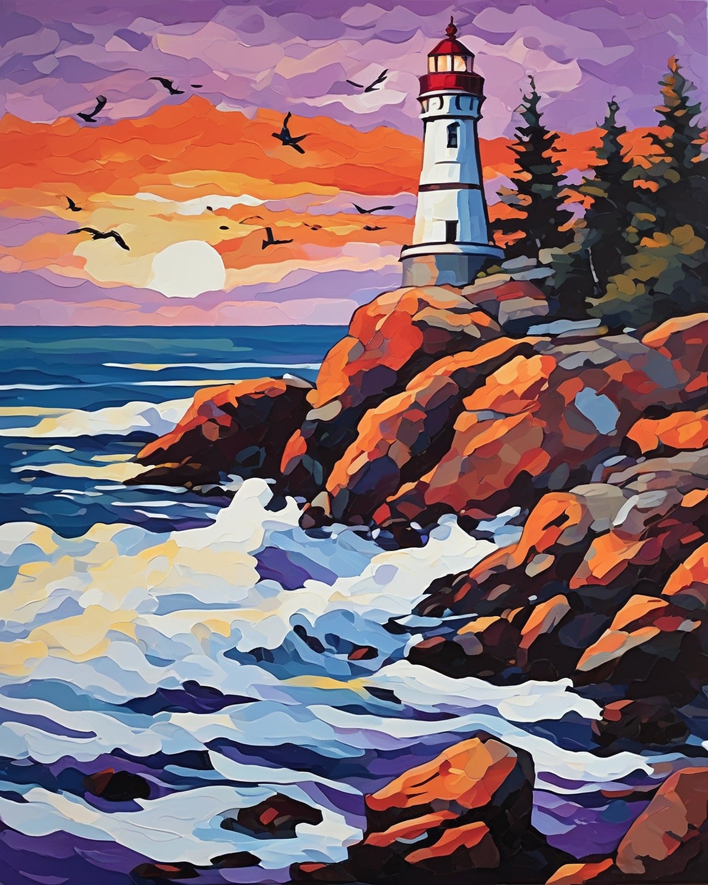 Lighthouse at Sundown paint by numbers kit, lighthouse on a rocky cliff at sunset