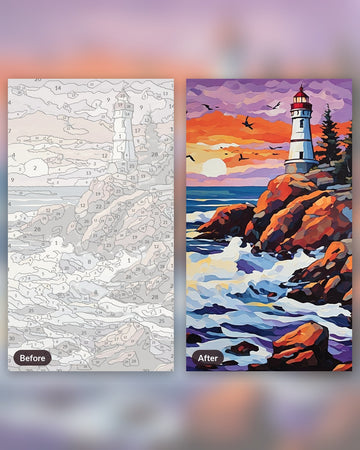 Lighthouse at Sundown paint by numbers kit, before and after