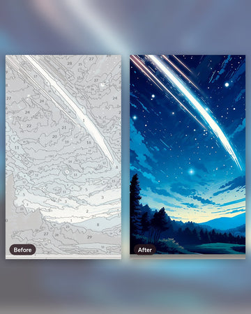The Luminary Comet paint by numbers kit, before and after