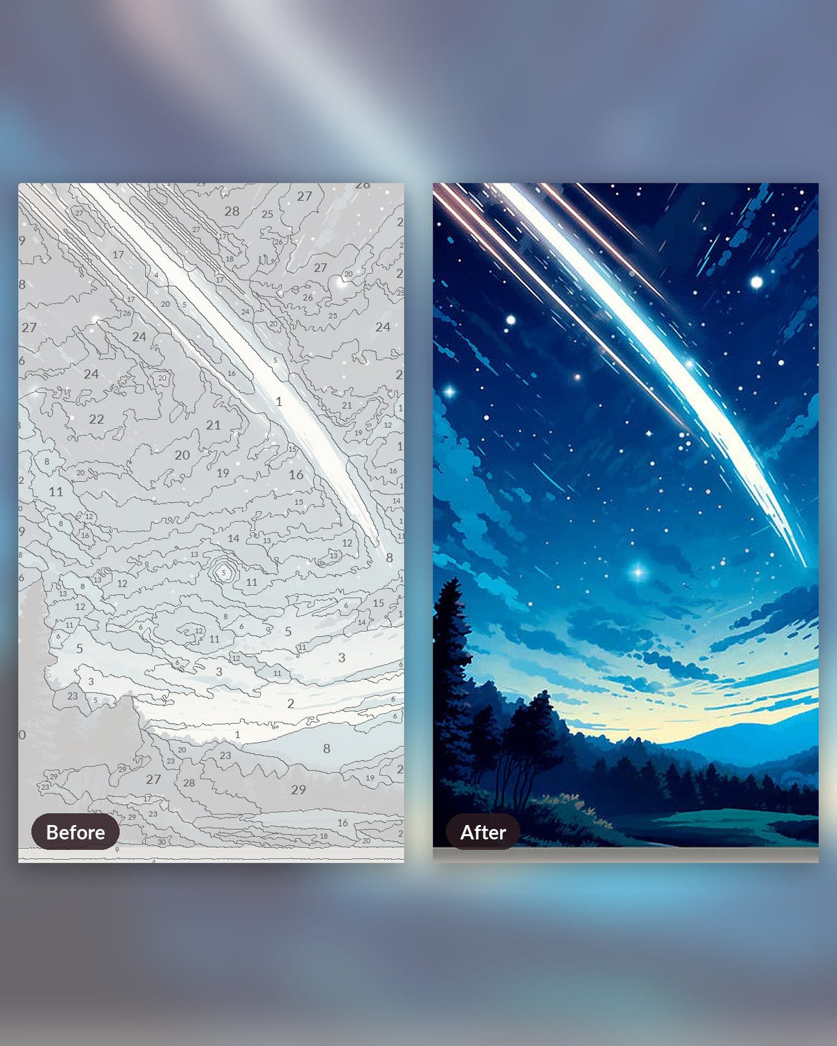 The Luminary Comet paint by numbers kit, before and after