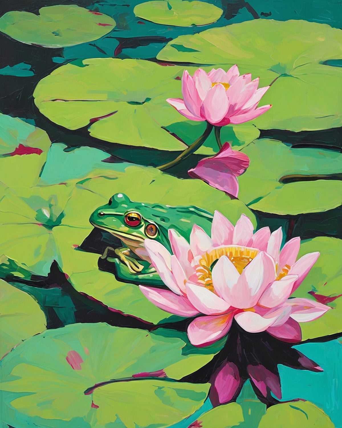 Lily Pad Frog and Lotus paint by numbers kit, green frog among lily pads beside a pink lotus flower on teal water