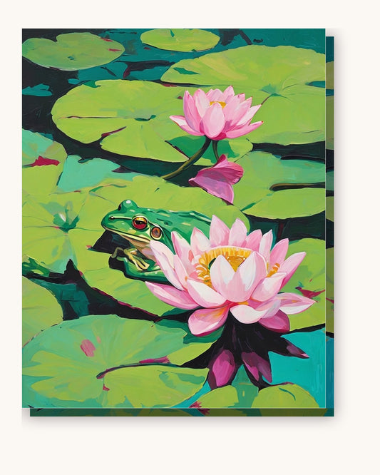 Lily Pad Frog and Lotus paint by numbers kit on stretched canvas