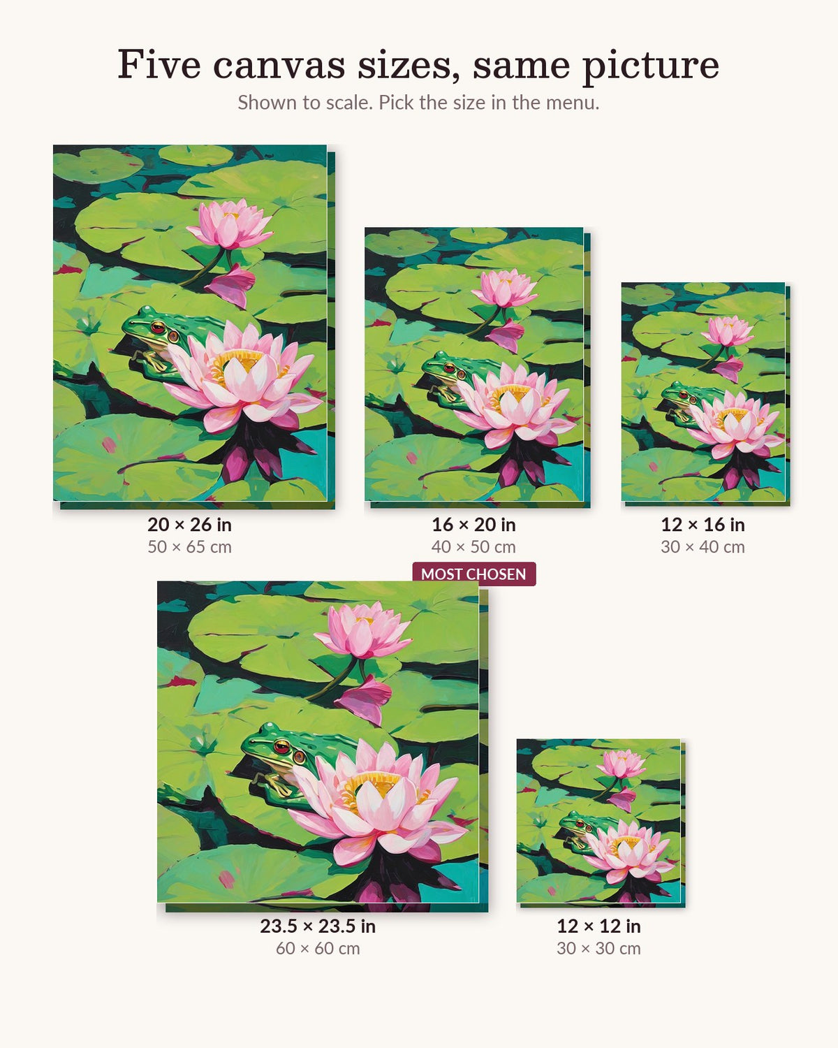 Lily Pad Frog and Lotus canvas sizes from 12 x 12 to 23.5 x 23.5 inches