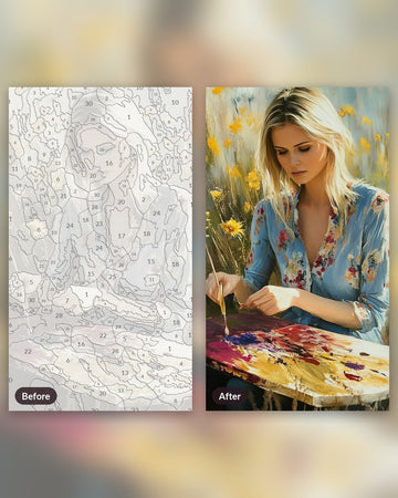 Lily the Painter paint by numbers kit, before and after