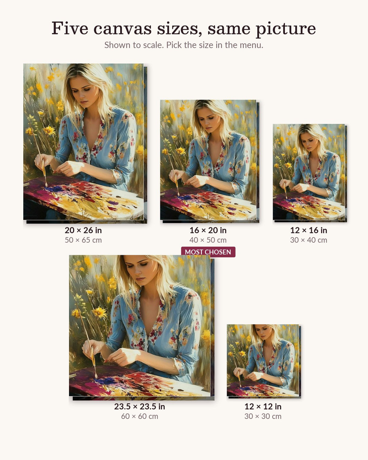 Lily the Painter canvas sizes from 12 x 12 to 23.5 x 23.5 inches