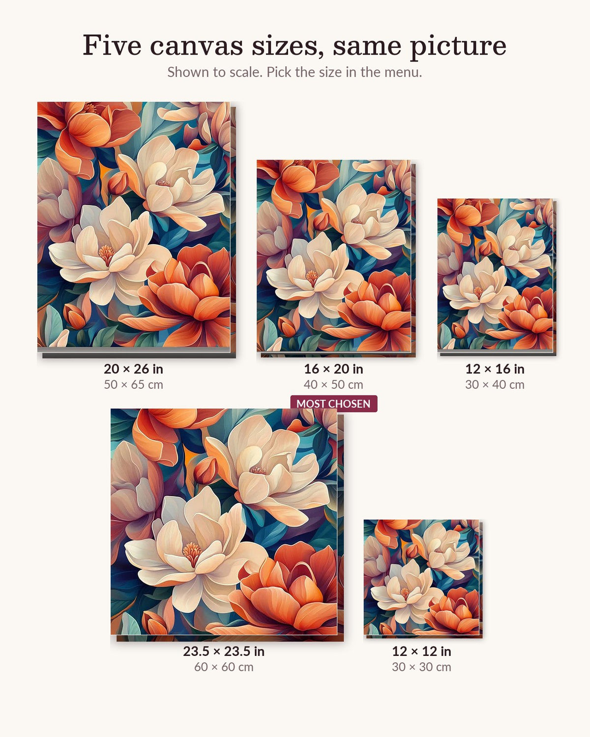 Limitless Bloom canvas sizes from 12 x 12 to 23.5 x 23.5 inches
