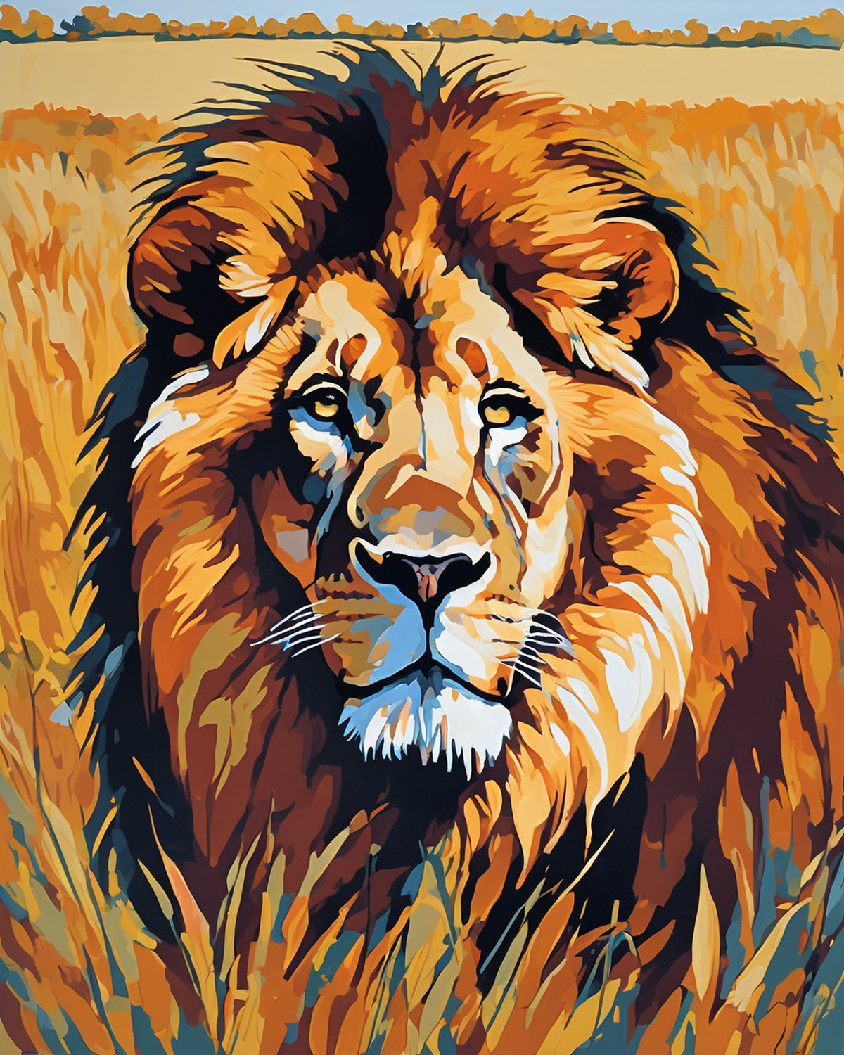 male lion with a full mane in tall golden grass, paint by numbers kit