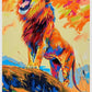 Vibrantly colored painting of a roaring lion on a rock, part of a painting by numbers kit.