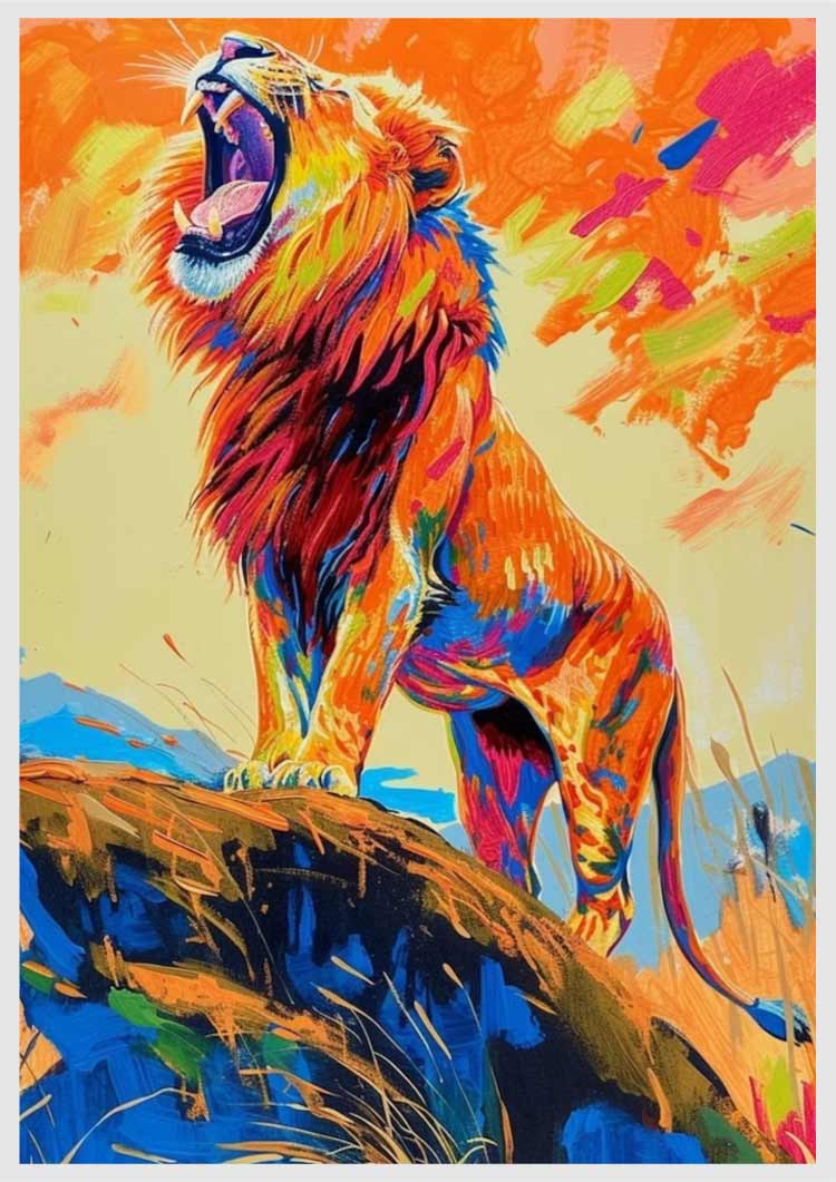 Vibrantly colored painting of a roaring lion on a rock, part of a painting by numbers kit.