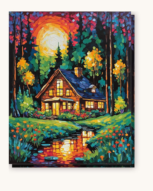 Lit Cabin by the Forest Pond paint by numbers kit on stretched canvas