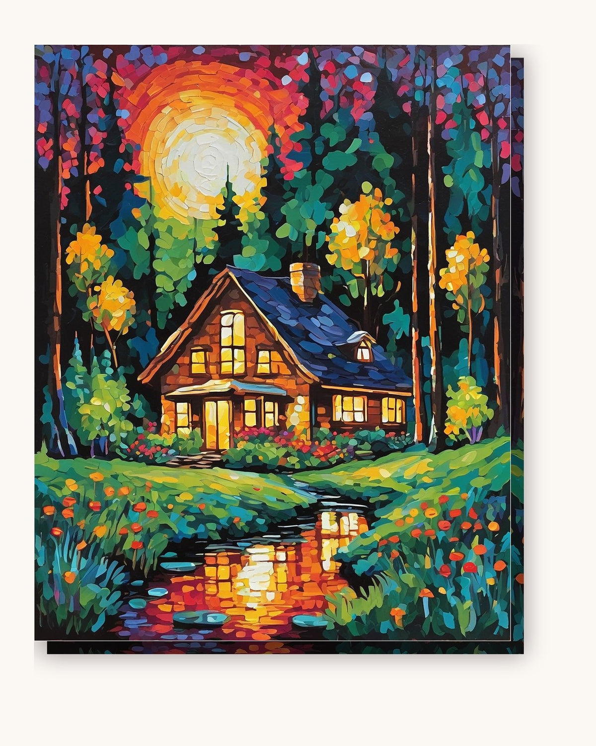 Lit Cabin by the Forest Pond paint by numbers kit on stretched canvas