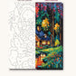 Lit Cabin by the Forest Pond numbered canvas next to the finished painting