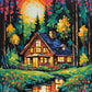 wooden cabin with glowing windows beside a pond under a large pale sun in a dark forest, paint by numbers kit