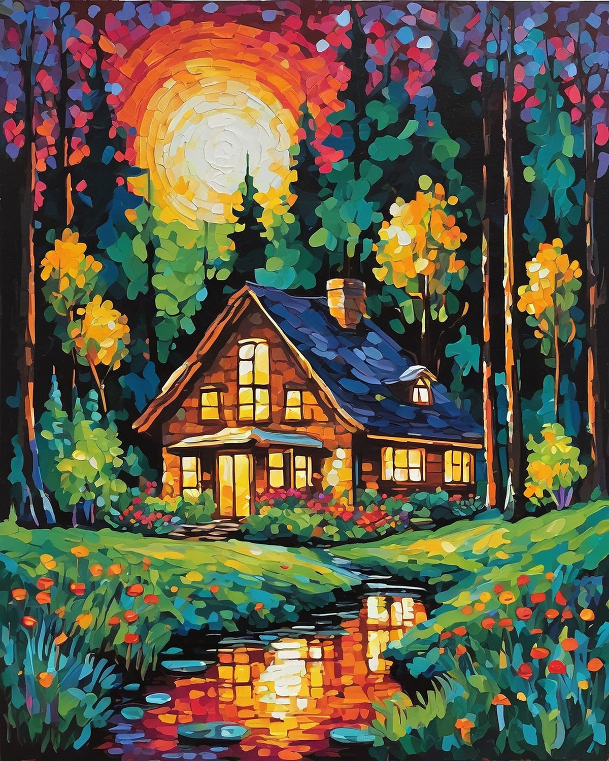 wooden cabin with glowing windows beside a pond under a large pale sun in a dark forest, paint by numbers kit
