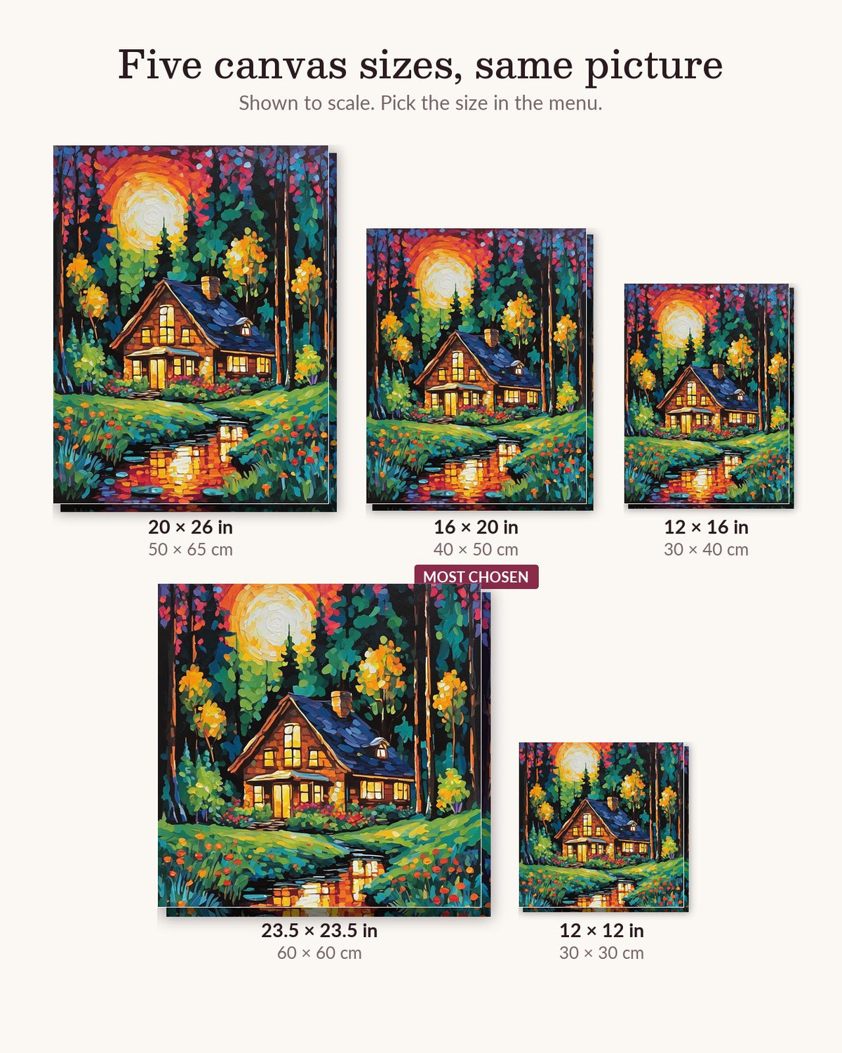 Lit Cabin by the Forest Pond canvas sizes from 12 x 12 to 23.5 x 23.5 inches
