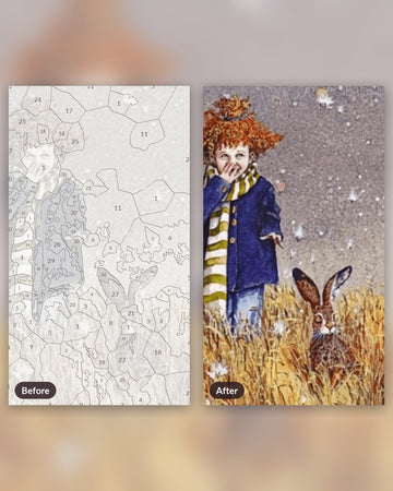Little Girl And Rabbit paint by numbers kit, before and after