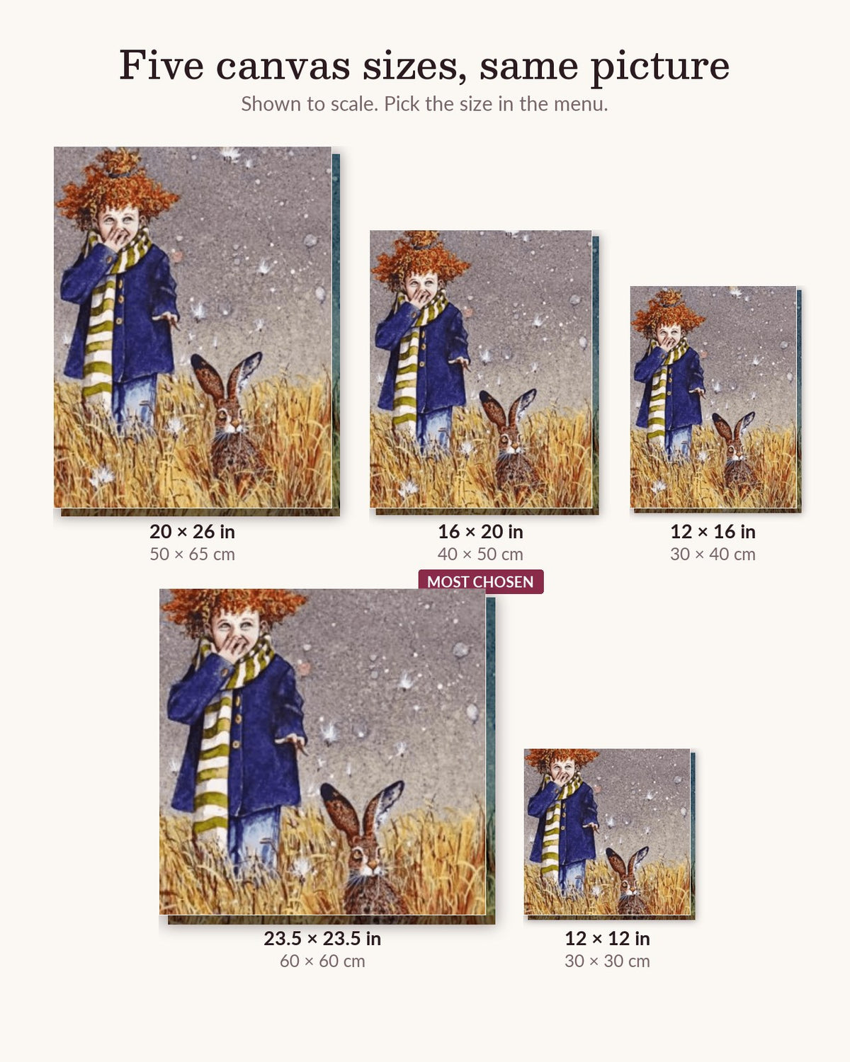 Little Girl And Rabbit canvas sizes from 12 x 12 to 23.5 x 23.5 inches