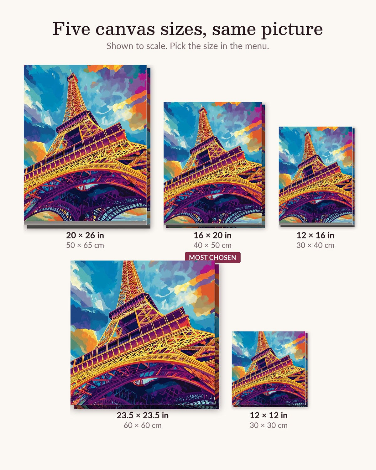 Lively Paris canvas sizes from 12 x 12 to 23.5 x 23.5 inches