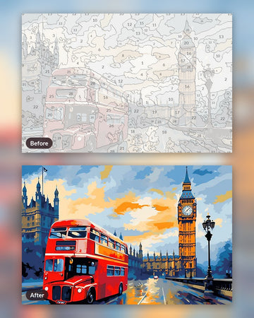 London at Dusk paint by numbers kit, before and after