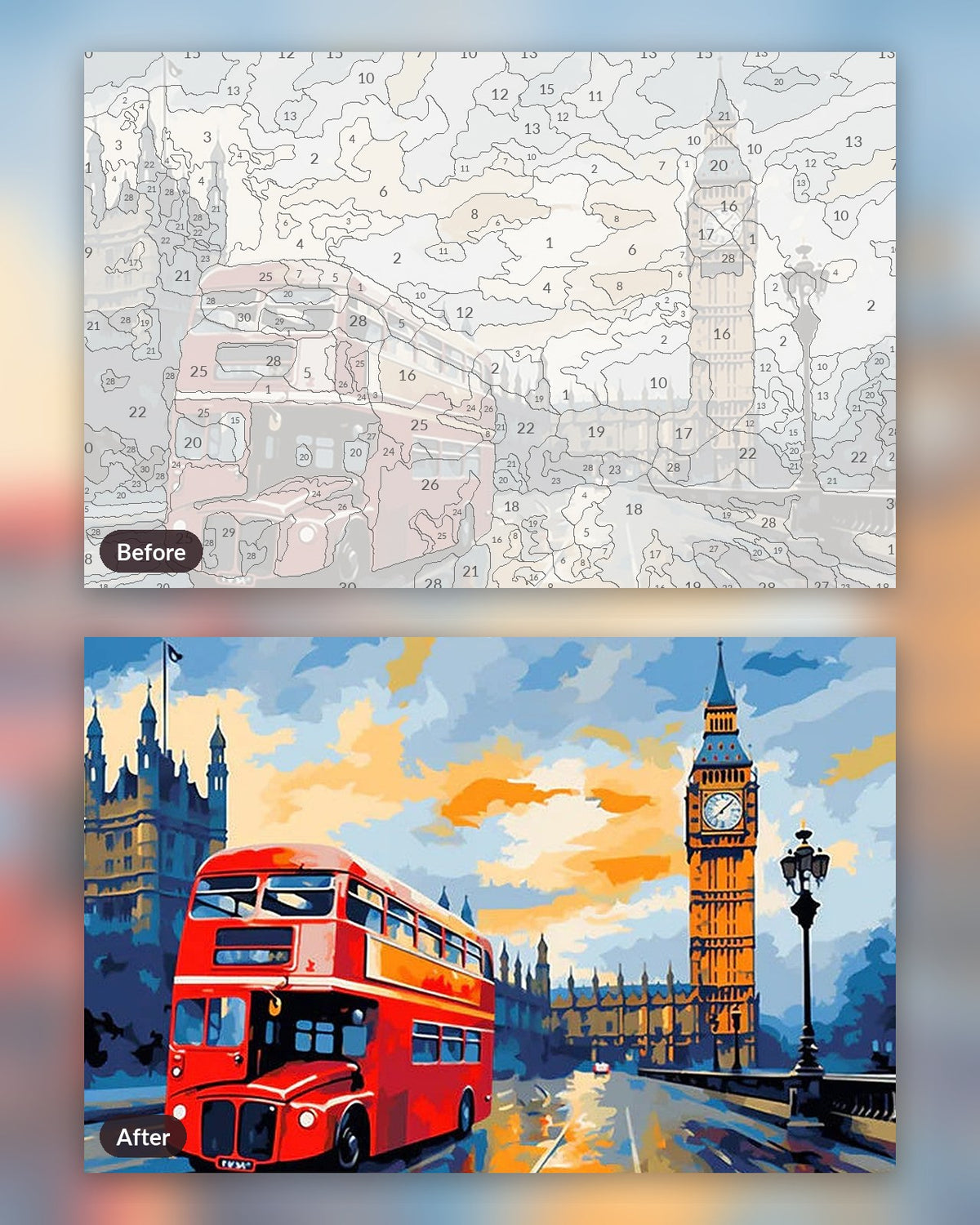 London at Dusk paint by numbers kit, before and after