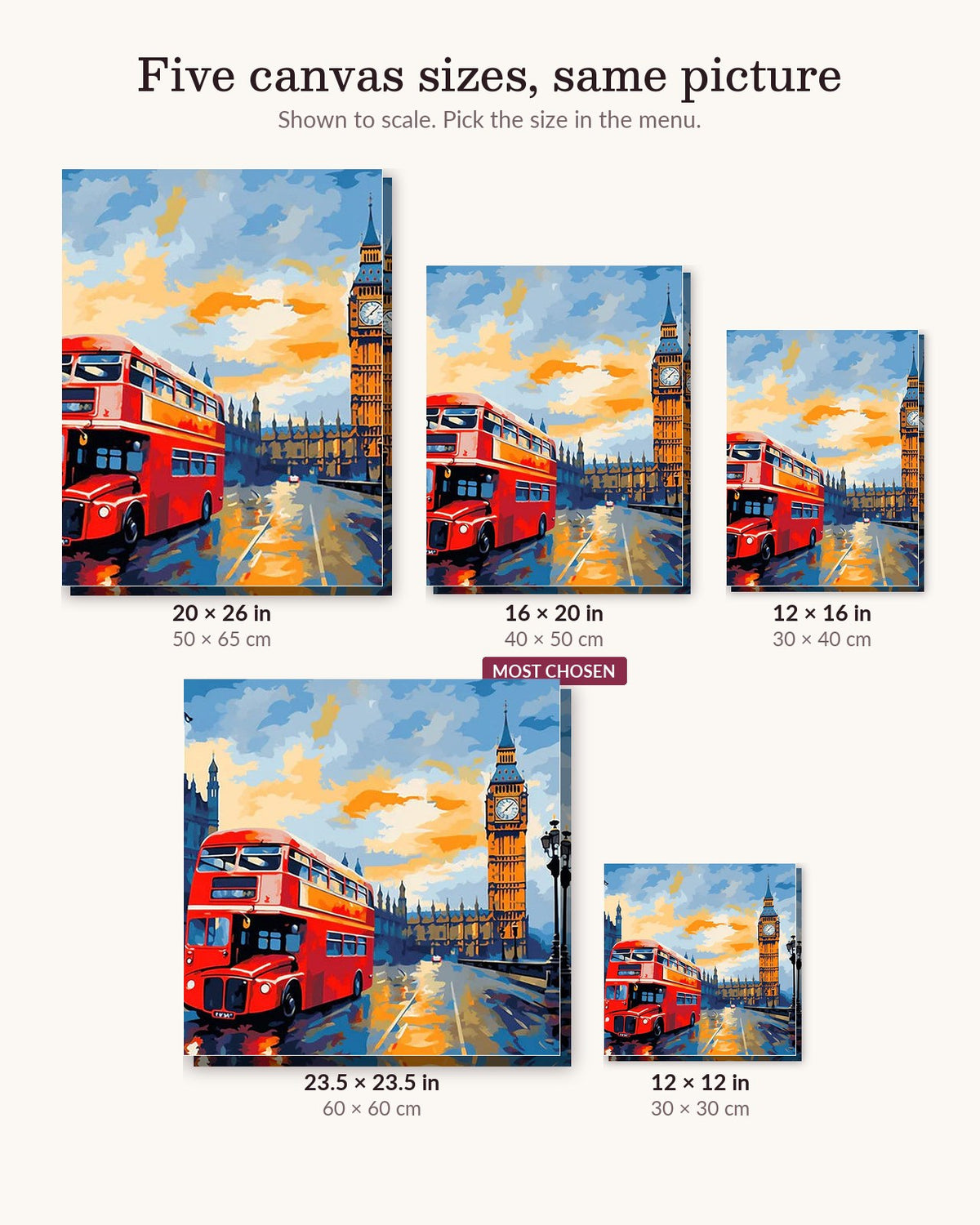 London at Dusk canvas sizes from 12 x 12 to 23.5 x 23.5 inches