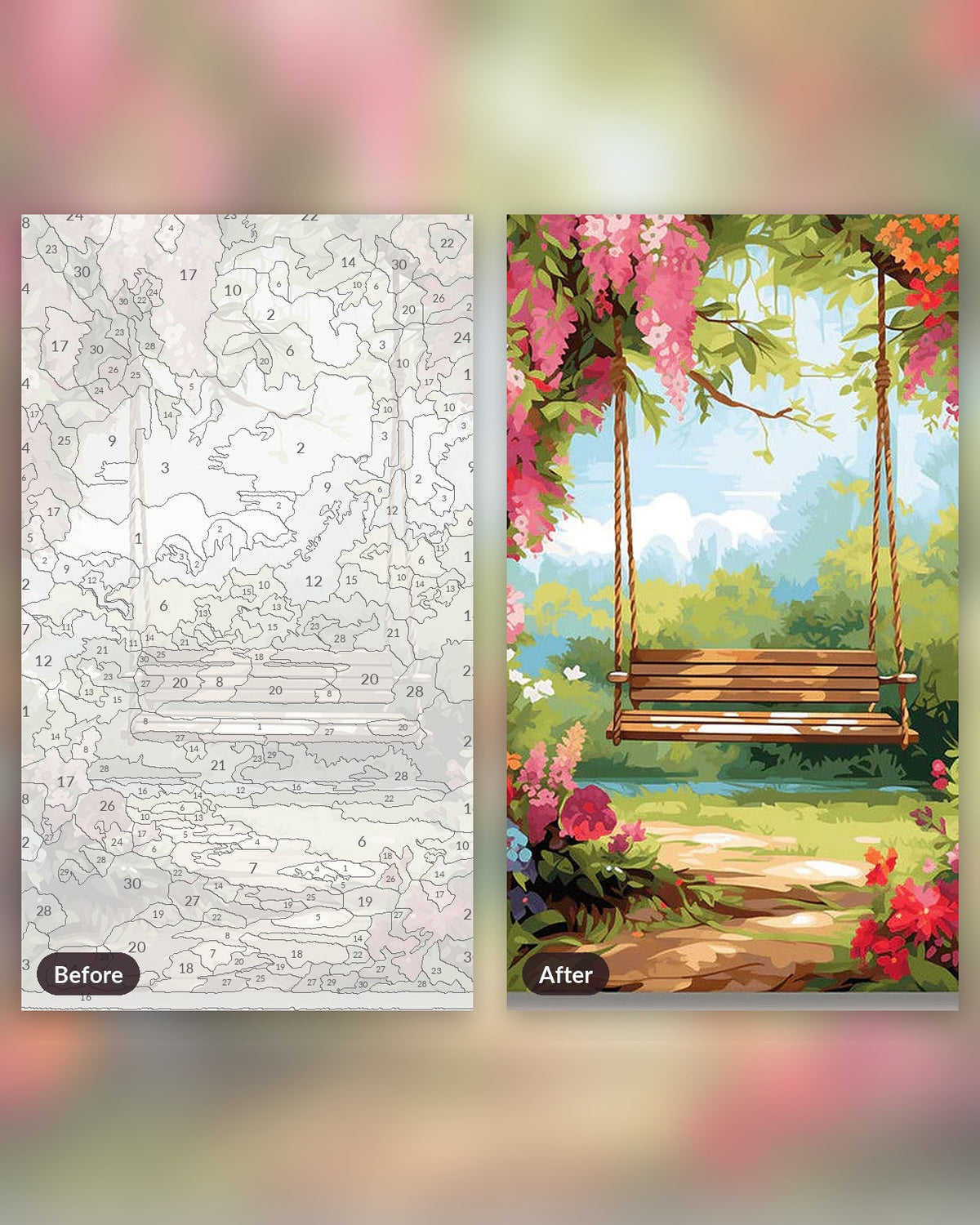 Lonely Forest Bench paint by numbers kit, before and after