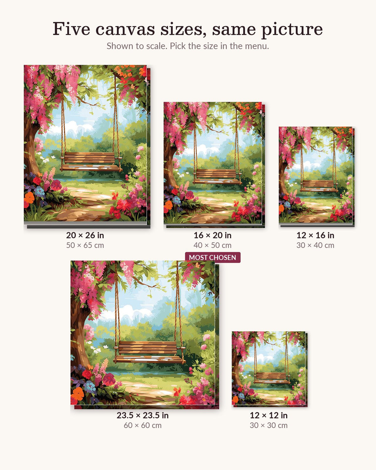 Lonely Forest Bench canvas sizes from 12 x 12 to 23.5 x 23.5 inches