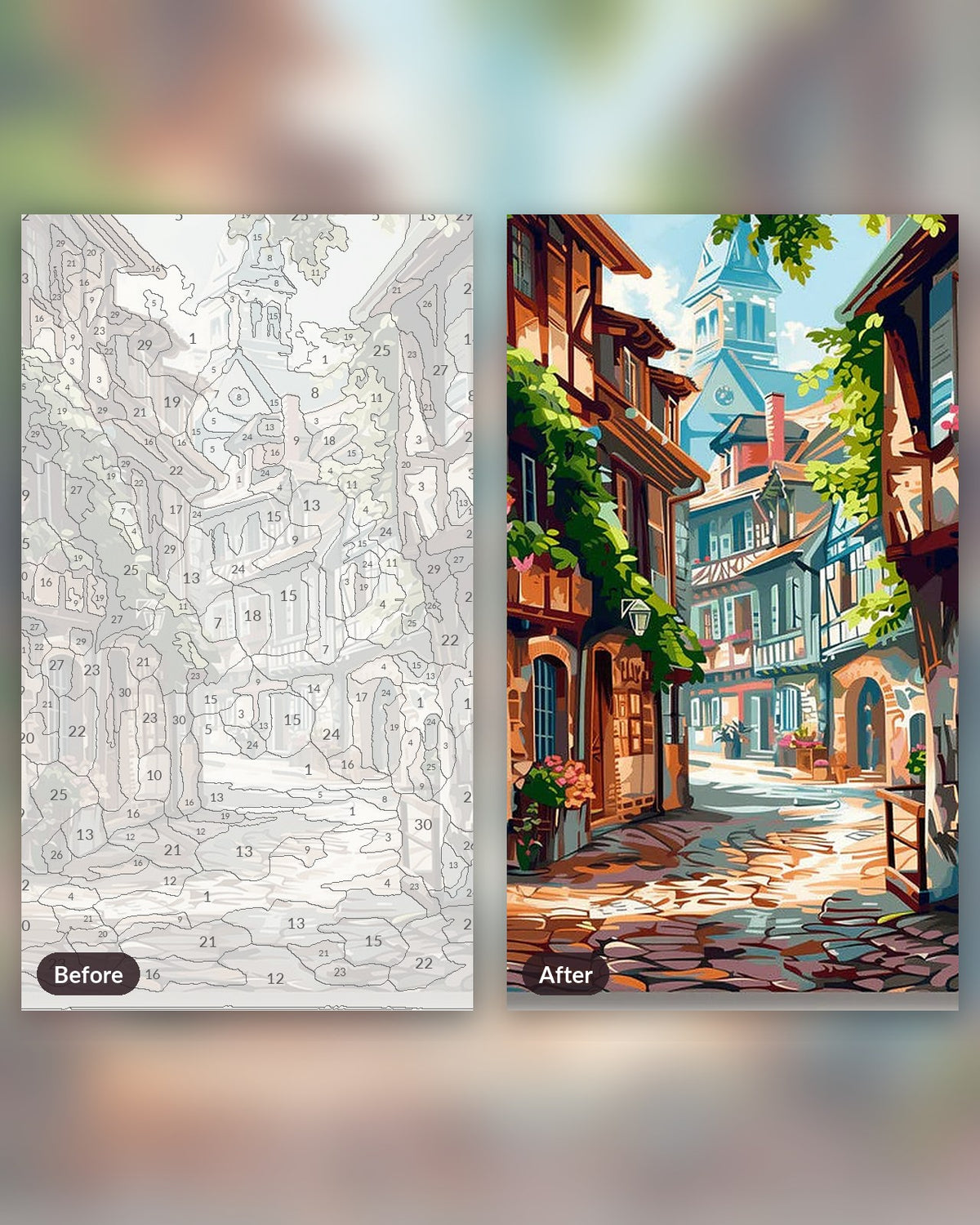 Silent Roadway paint by numbers kit, before and after